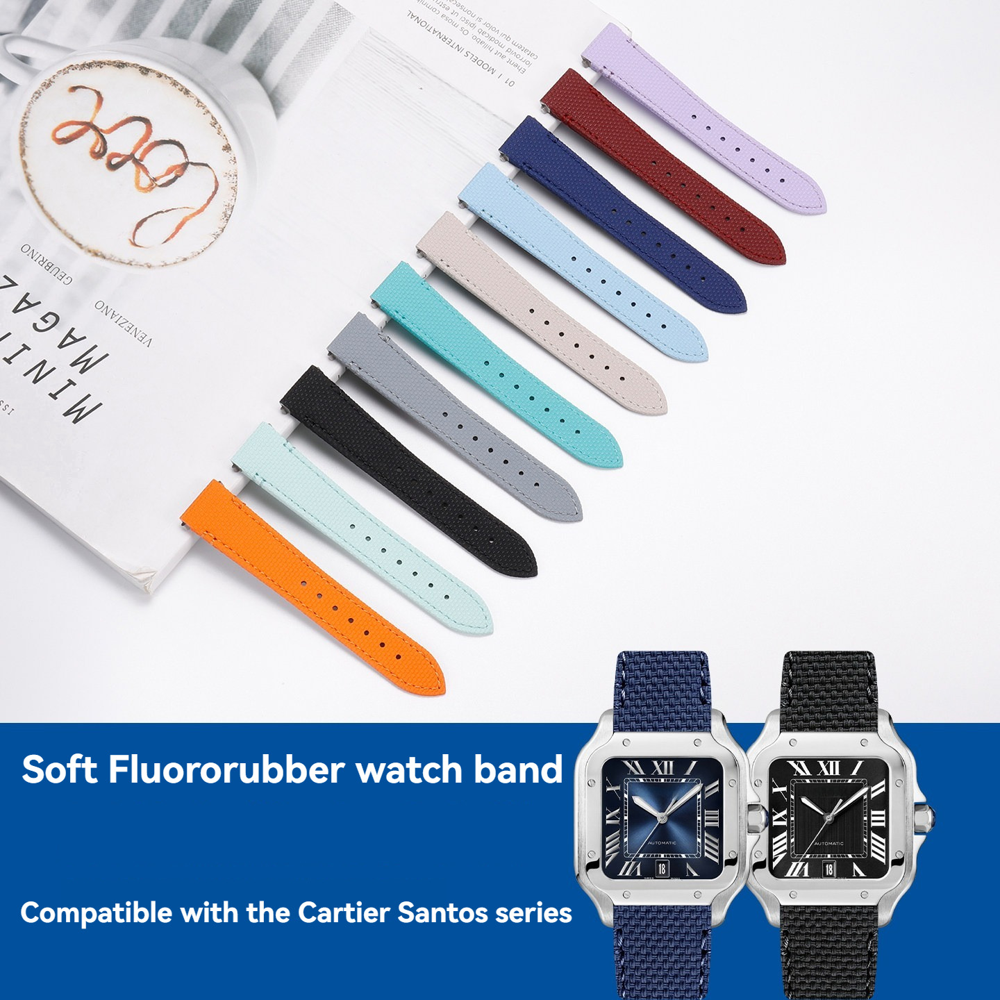Cartier Watch Santos - 19 21mm Fluororubber Watch Band for